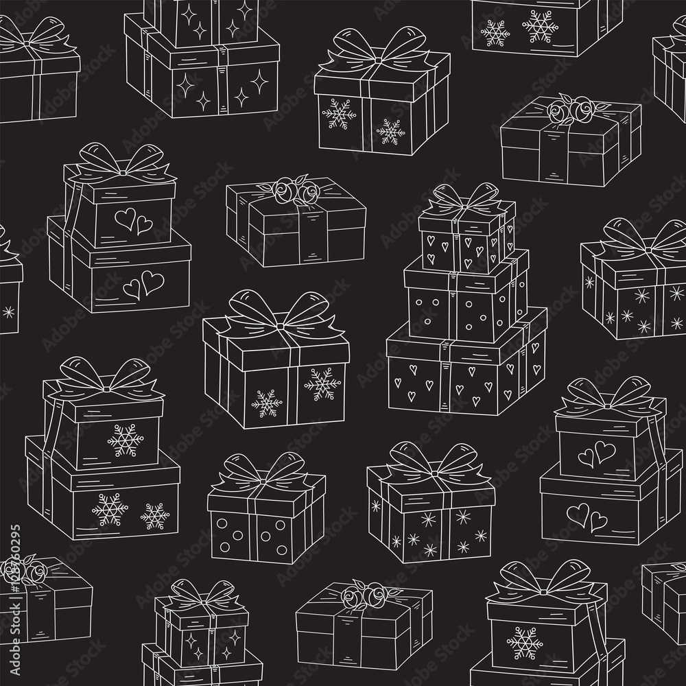 Gift boxes hand drawn doodle vector seamless chalkboard background. Christmas and New Year presents.