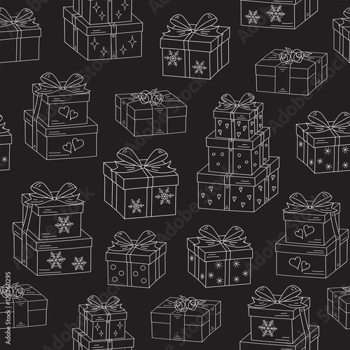 Gift boxes hand drawn doodle vector seamless chalkboard background. Christmas and New Year presents.