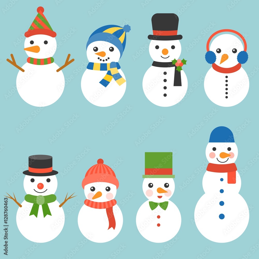 Snowman isolated on Blue background, Snowman greeting collection illustration vector for Christmas, flat design