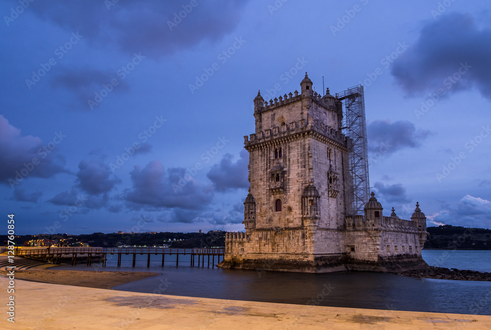 Torre de Belem on the bank of Tagus river in Lisbon, Portugal, a