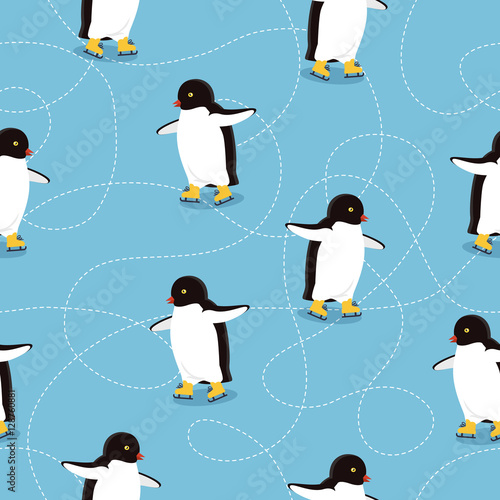 Penguins on Ice-skates Seamless Pattern Vector