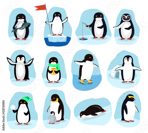 Penguins Daily Activities Posters Cartoon Set
