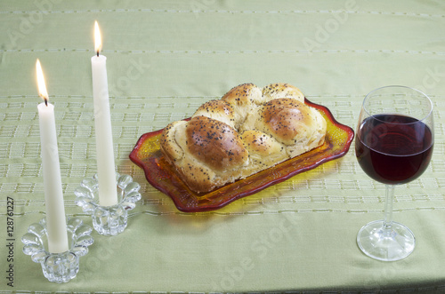 Shabbat Observance, Challah,Two Candles,Glass Of Wine photo