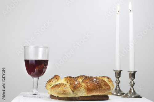 Shabbat Observance, Challah,Two Candles,Glass Of Wine photo