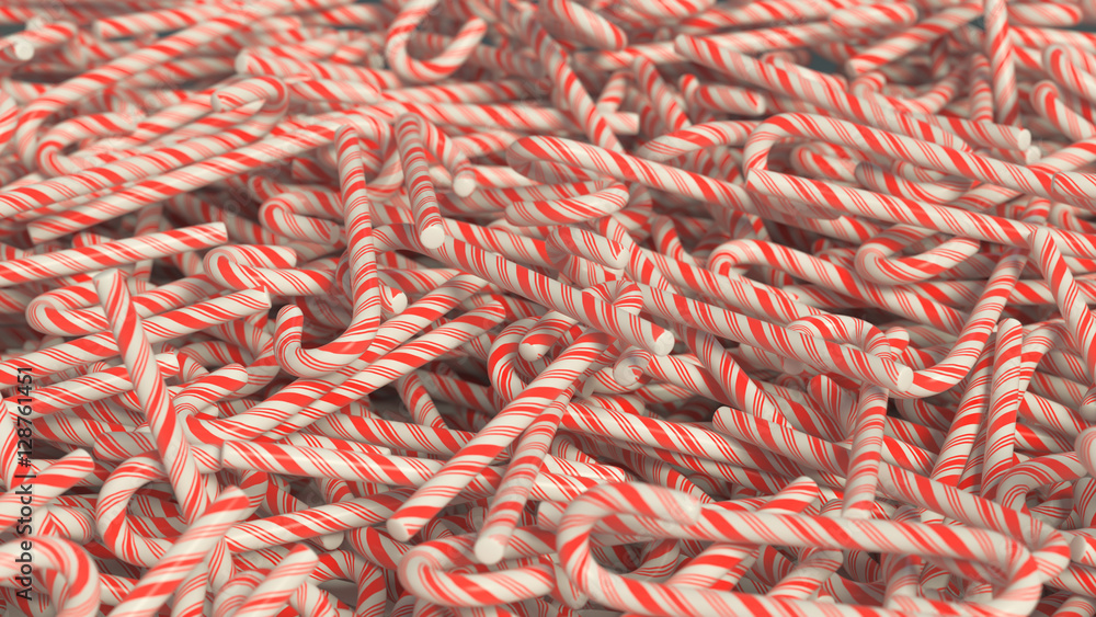 Fototapeta premium Messy pile of red and white candy canes. This image is a 3D illustration.