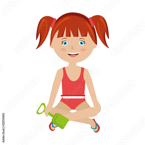 girl with sand bucket shovel toy vector illustration design