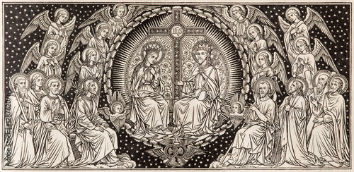 Foto BRATISLAVA, SLOVAKIA, NOVEMBER - 21, 2016: The lithography Coronation of Virgin Mary designed by unknown artist with the initials F