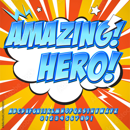 Comic alphabet set. Letters, numbers and figures for kids' illustrations, websites, comics, banners