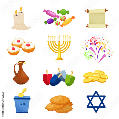 Jewish Holiday Hanukkah icons set. Vector illustration