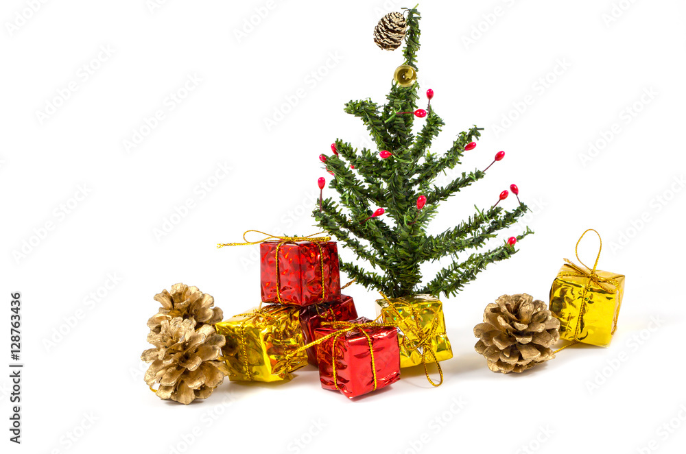 Christmas background with decorations and gift boxes on white background / Christmas tree with gifts on white background.