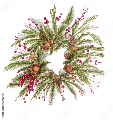 Christmas wreath vintage New Year decoration with pine branches, berries, fir cones.