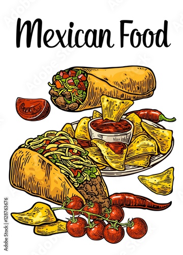 Poster Mexican traditional food. Burrito, tacos, chili, tomato, nachos