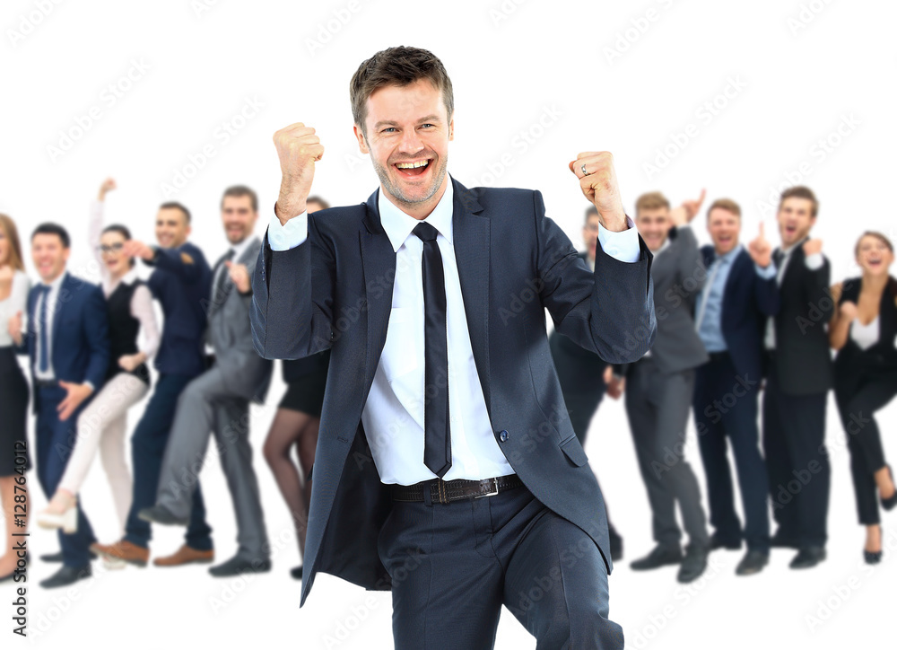 One very happy energetic businessman with his arms raised One very happy energetic businessman with his arms raised