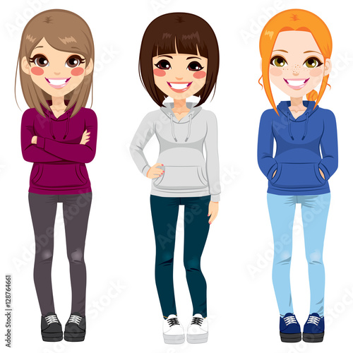 Full body illustration of three happy young teenagers girls from different ethnicity smiling with casual outfit posing together