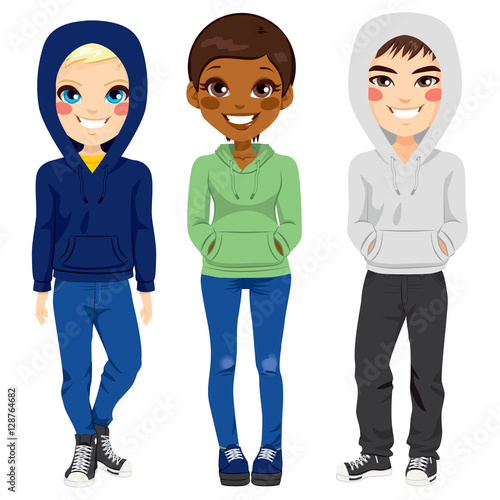 Full body illustration of three happy young teenagers boys and girl from different ethnicity smiling with casual outfit posing together