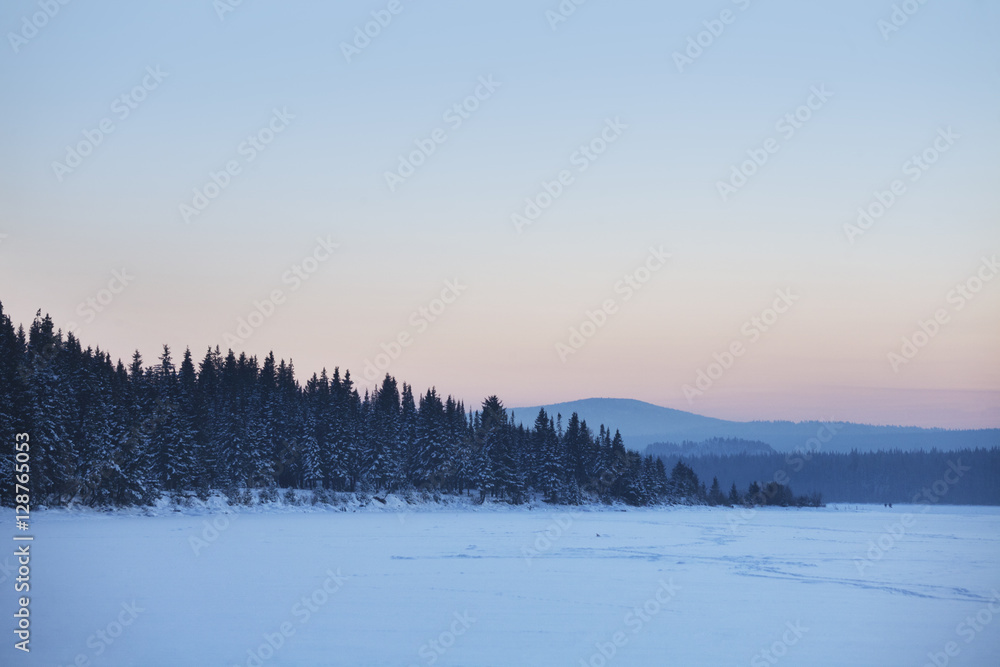 Sunset on the lake Zyuratkul. Winter landscape, Ural. Sunset on the lake Zyuratkul. Winter landscape, Ural.