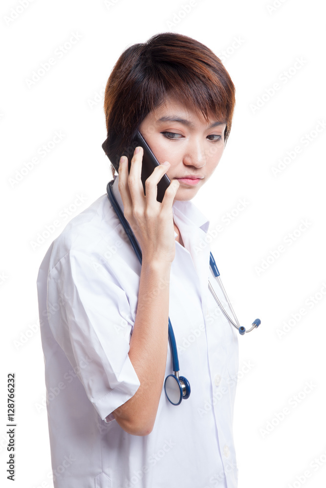 Asian young doctor woman with stethoscope use mobile phone. Asian young doctor woman with stethoscope use mobile phone.