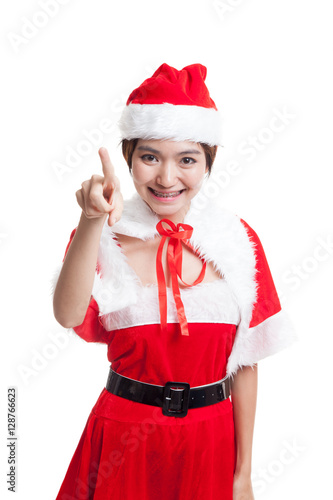 Asian Christmas Santa Claus girl do touch screen pose.