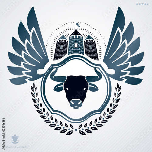 Vintage decorative heraldic vector emblem composed with bull hea