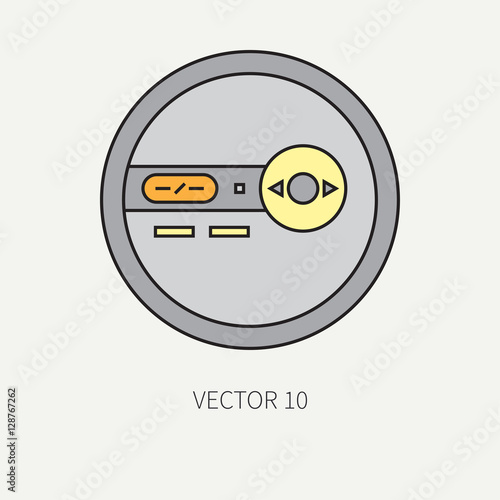 Line flat vector icon with retro electrical audio device portable cd player. Digital music. Cartoon style. Nostalgia musical equipment. Vector illustration and element for your design. Loud. Hi-fi.