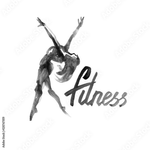 Watercolor fitness logo illustration with hand written calligraphy lettering inscription. © Natali_Mias