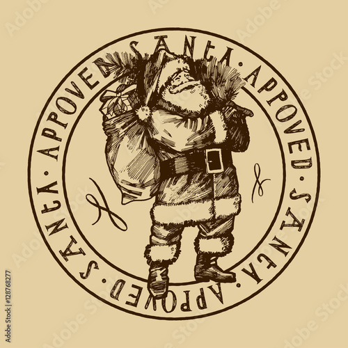 santa approved stamp. vintage santa claus drawing. engraving style card.