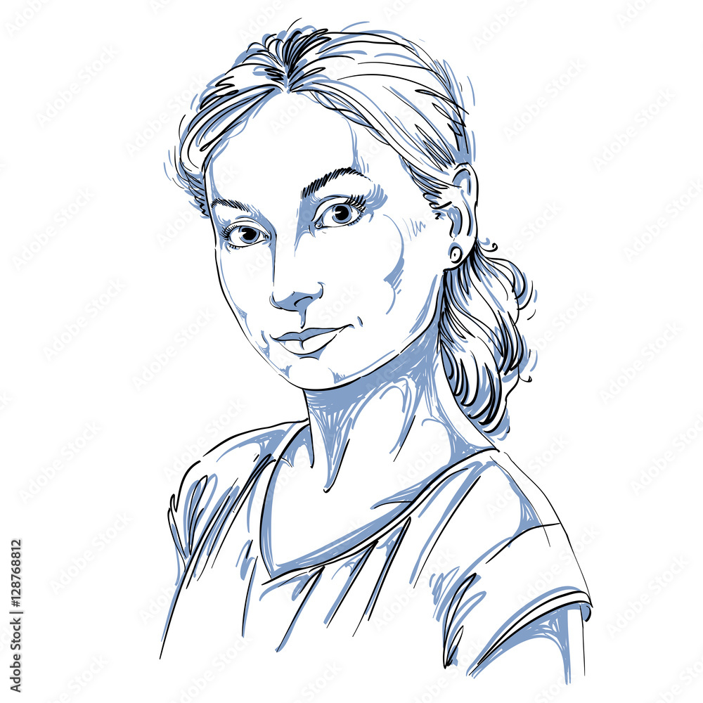Hand-drawn art portrait of white-skin romantic woman, face emoti