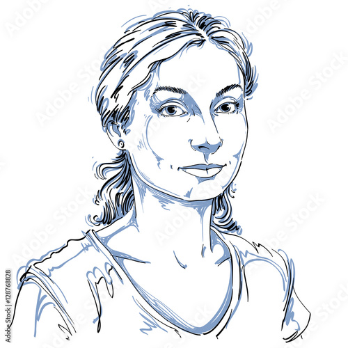 Hand-drawn vector illustration of beautiful kind woman. Monochro