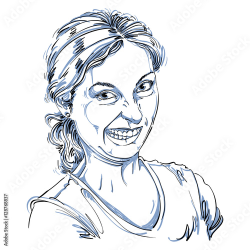 Vector drawing of woman making a funny grimace. Black and white