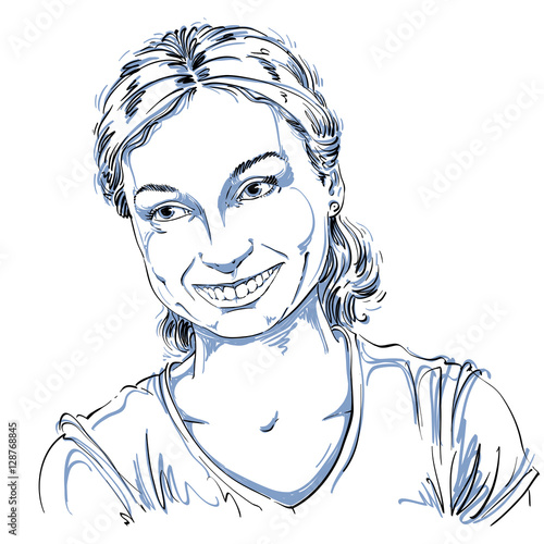 Monochrome vector hand-drawn image, romantic young woman smiling
