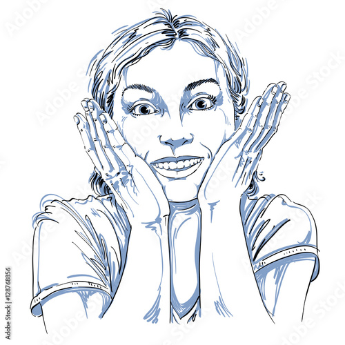 Hand-drawn portrait of white-skin surprised happy woman, gesturi
