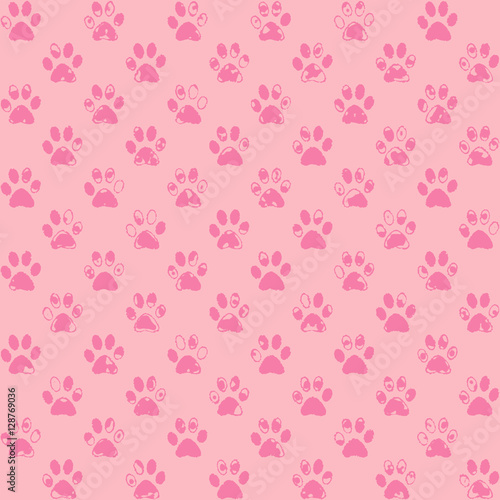 Spattered paw prints in pink, dark on lighter, a seamless background pattern