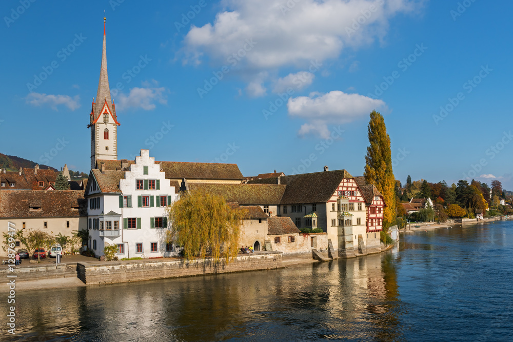 View of the medieval town of Stein am Rhein from the river, Germany