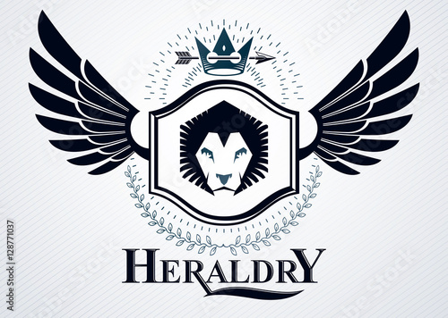 Classy emblem made with eagle wings decoration, wild lion illust