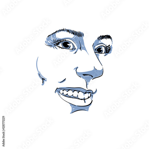 Hand-drawn vector illustration of beautiful smiling woman. Monoc