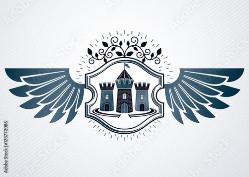 Vintage decorative heraldic vector emblem composed with eagle wi