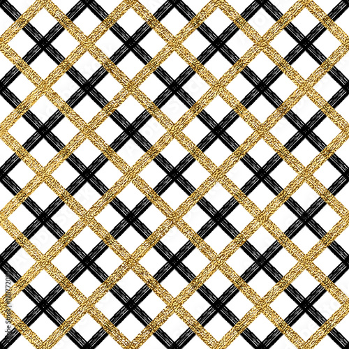 Grunge seamless pattern of gold and black diagonal stripes or lines, seamless black and golden shiny checkered background, hand painted vector cage for invitation, card, wedding, holiday, web, paper photo