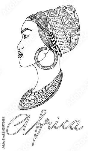 Hand-drawn african woman in sketch style with mehndi elements