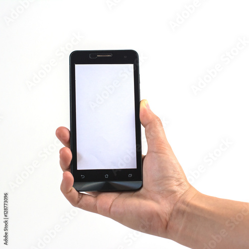 hand holding black smart phone isolated