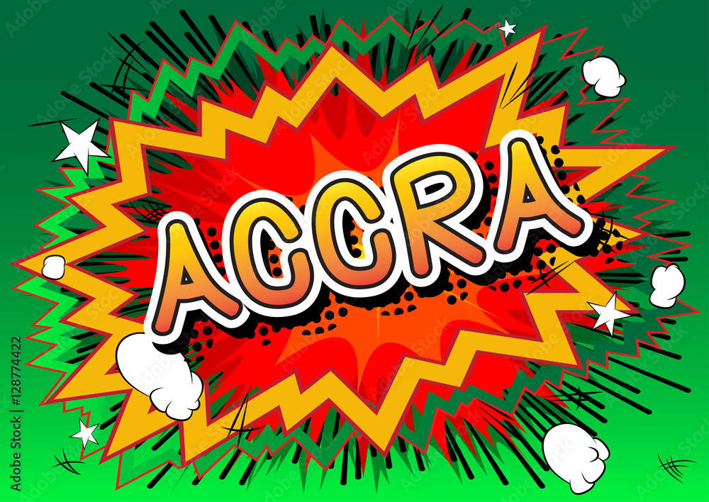 Accra - Comic book style text on comic book abstract background.