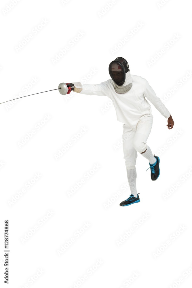 Man wearing fencing suit practicing with sword Man wearing fencing suit practicing with sword