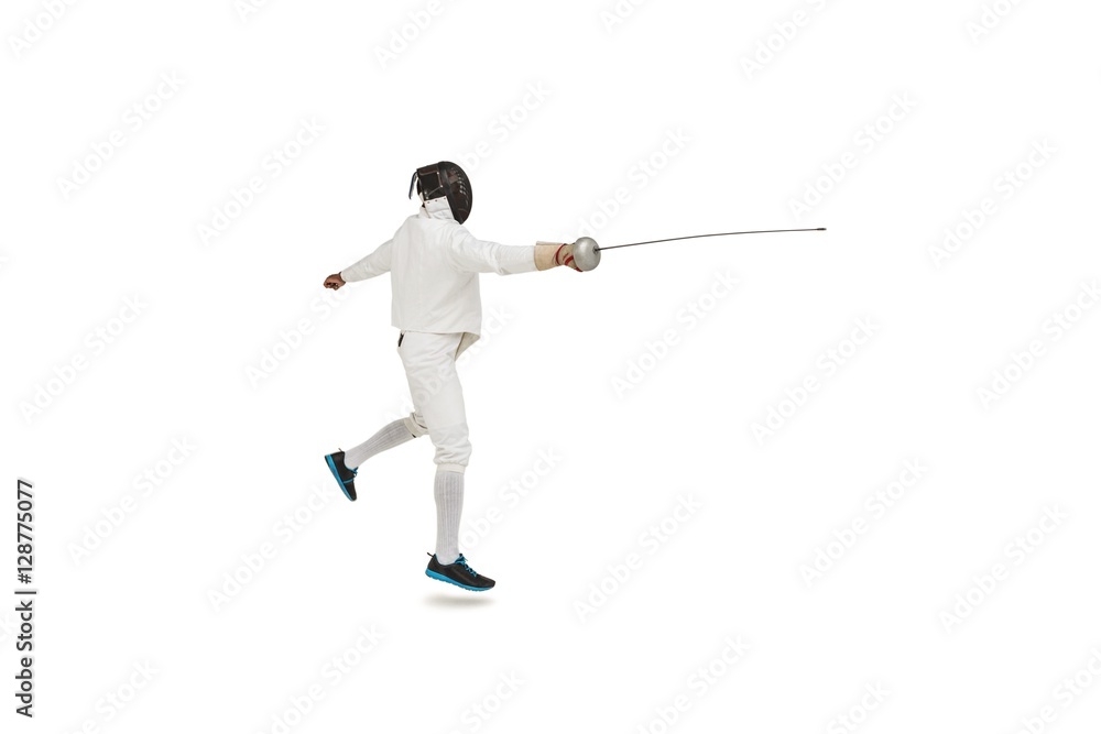 Man wearing fencing suit practicing with sword Man wearing fencing suit practicing with sword