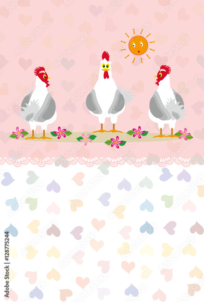 三羽のニワトリとハート模様のピンクのイラストハガキ Stock Illustration Adobe Stock