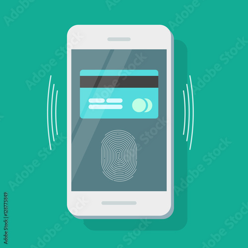 Payment security vector illustration, flat style mobile phone with credit card protected with fingerprint identity scan, smartphone pay protection concept isolated on color background