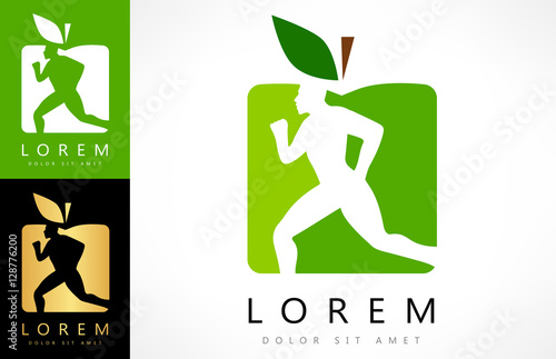 Man and apple logo. Diet and weight loss concept. Green apple.