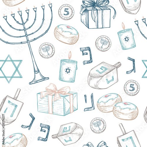 Hand drawn vector illustration - Hanukkah. Jewish Holiday. Seamless pattern