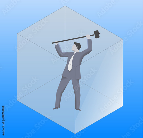 Breaking the glass cube business concept. Confident businessman in business suit with sledgehammer is going to break the glass cube around him. Searching for opportunities, looking for solution.