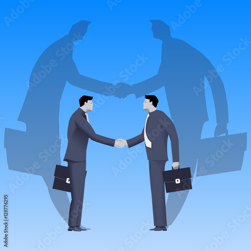 Global deal business concept. Confident businessmen in business suit shaking each other hands standing on earth globe. Deal, agreement, unity, pact, contract, treaty.