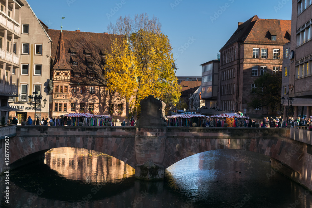 Old town bridge over river Pegnitz, Hospice of the Holy Spirit, Nuremberg, Bavaria, Germany, Western Europe 