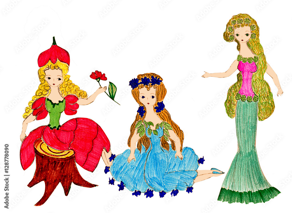 Child's drawing with water, forest and meadow fairy. Three imaginary fairy beautiful girls with long hair and flowers